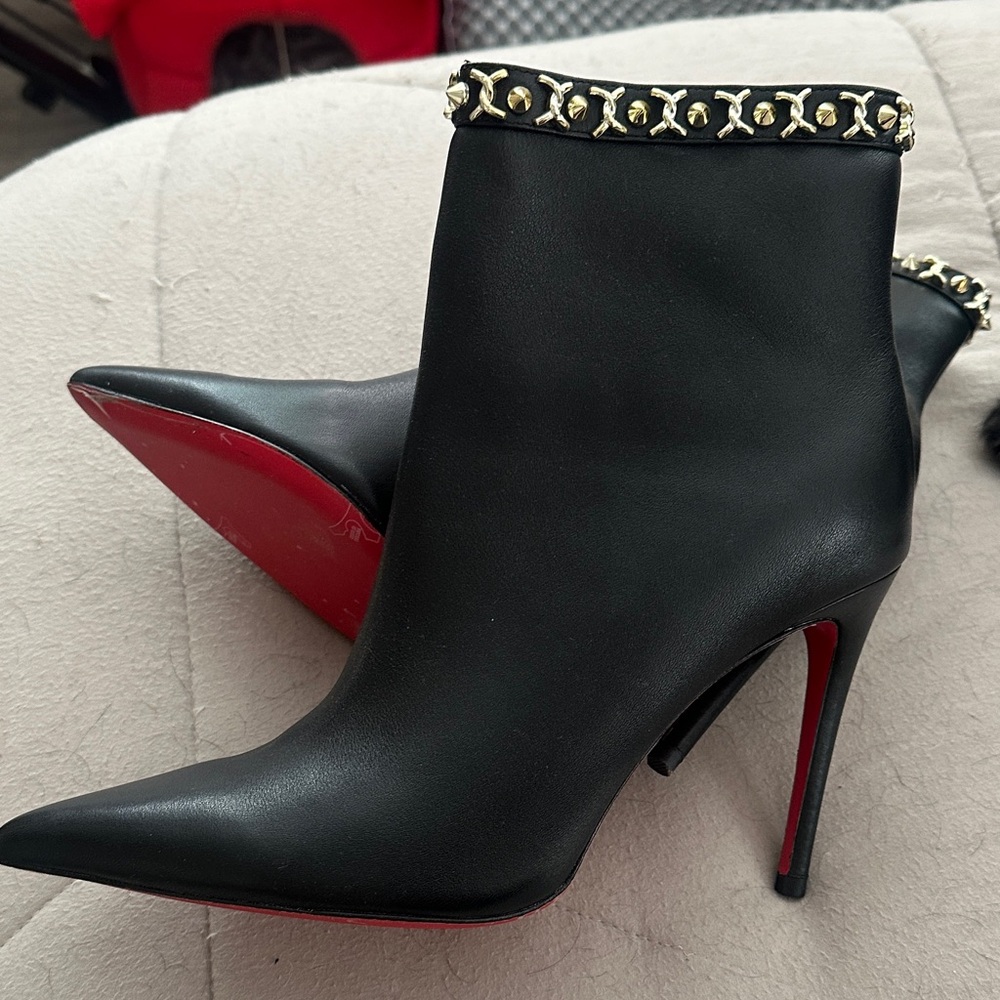 Christian Louboutin Black and Red Heeled Boots with Gold Accents